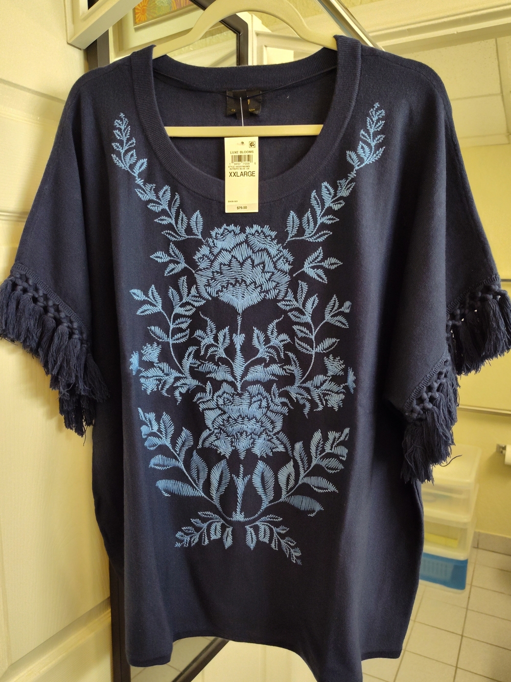 JM Collection Navy Tunic with Bright Blue Floral Embroidery and Fringe